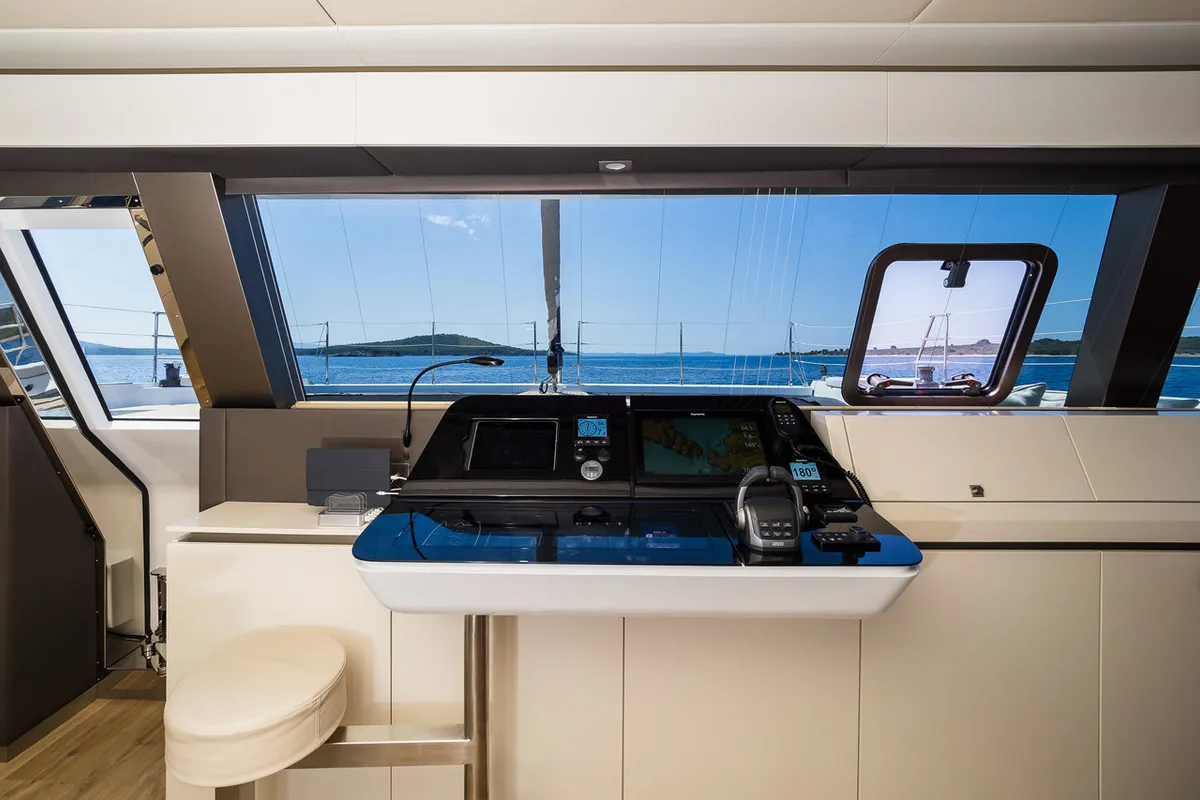 Cockpit of Vulpino, a Sunreef 60 catamaran at Kaštela, Croatia