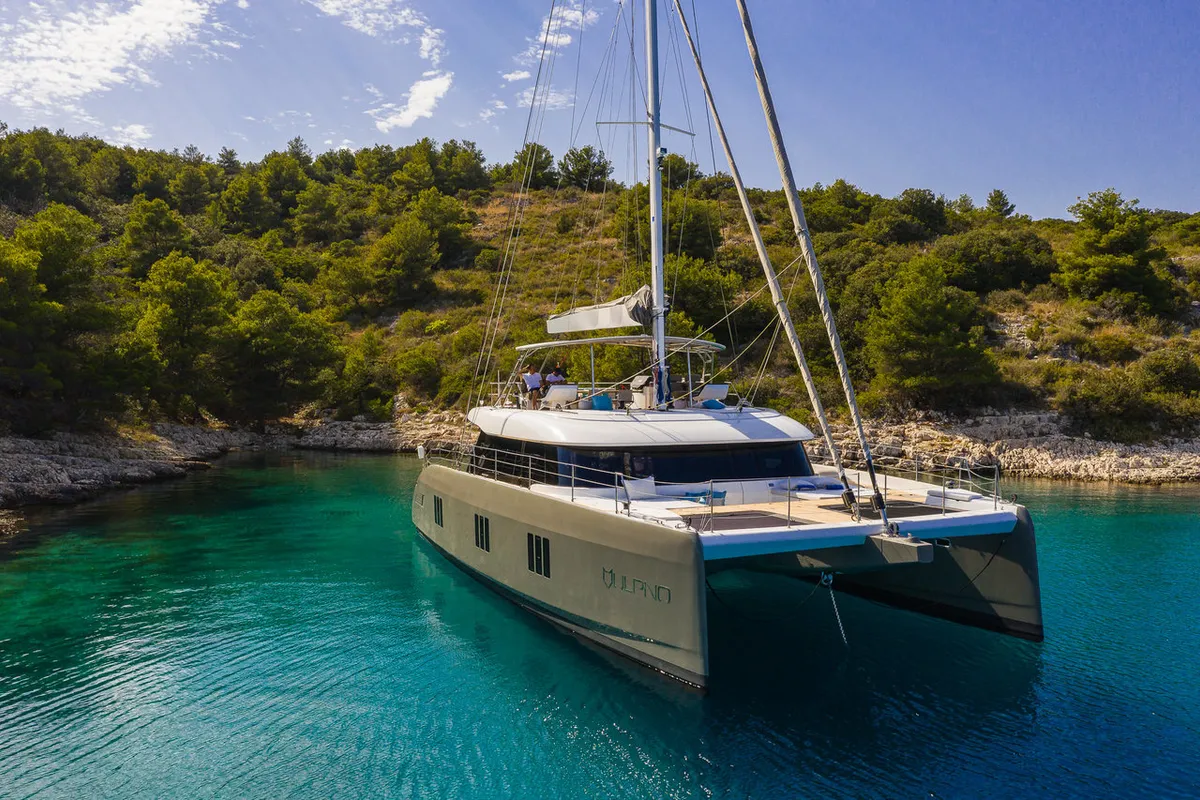 Exterior view of Vulpino, a Sunreef 60 catamaran at Kaštela, Croatia