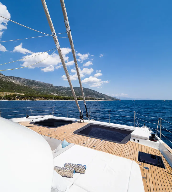 Deck of Vulpino, a Sunreef 60 catamaran at Kaštela, Croatia