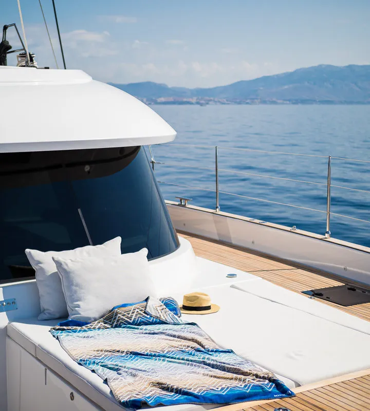 Deck of Vulpino, a Sunreef 60 catamaran at Kaštela, Croatia