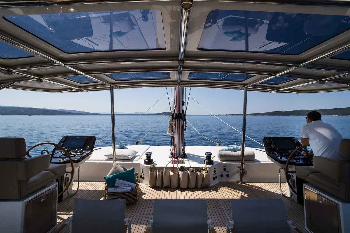 Cockpit of Vulpino, a Sunreef 60 catamaran at Kaštela, Croatia