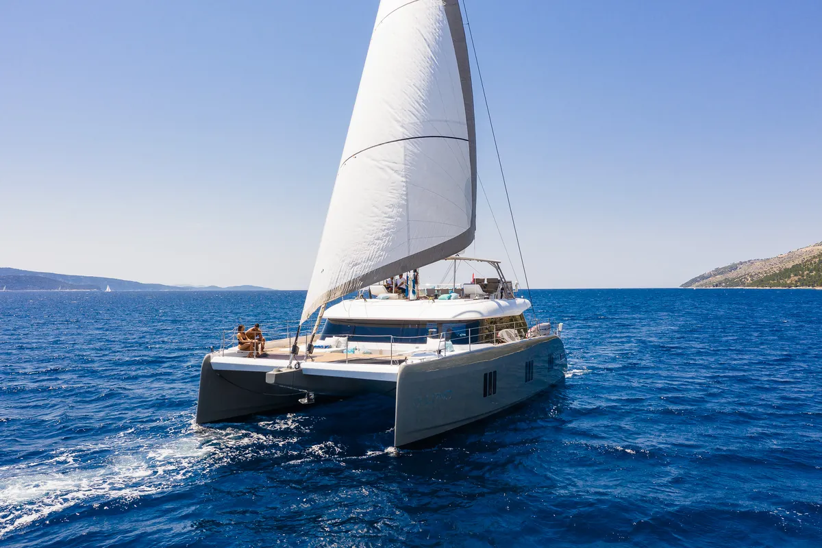 Exterior view of Vulpino, a Sunreef 60 catamaran at Kaštela, Croatia