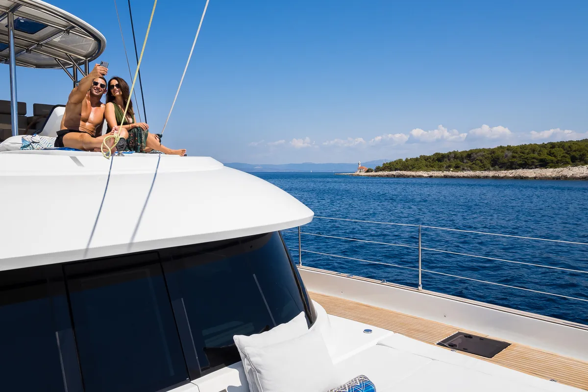 Exterior view of Vulpino, a Sunreef 60 catamaran at Kaštela, Croatia