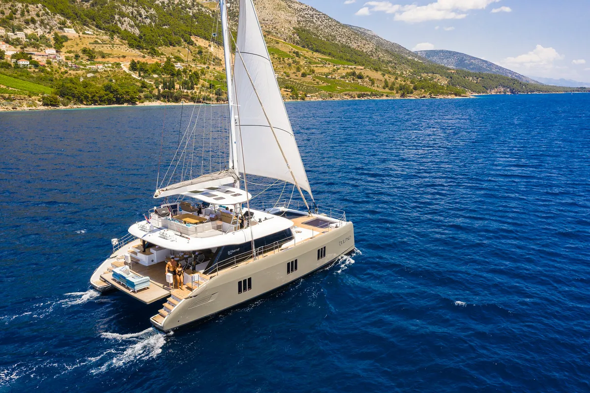 Deck of Vulpino, a Sunreef 60 catamaran at Kaštela, Croatia