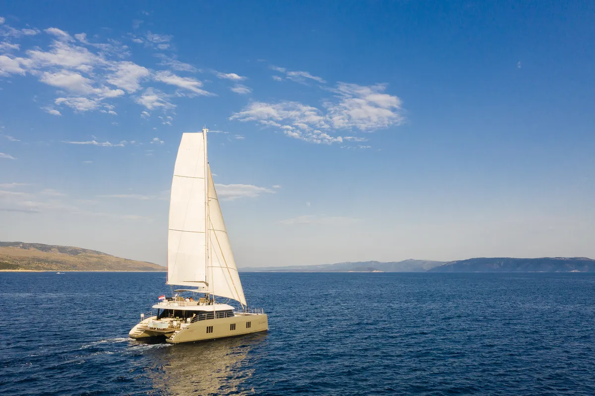 Deck of Vulpino, a Sunreef 60 catamaran at Kaštela, Croatia