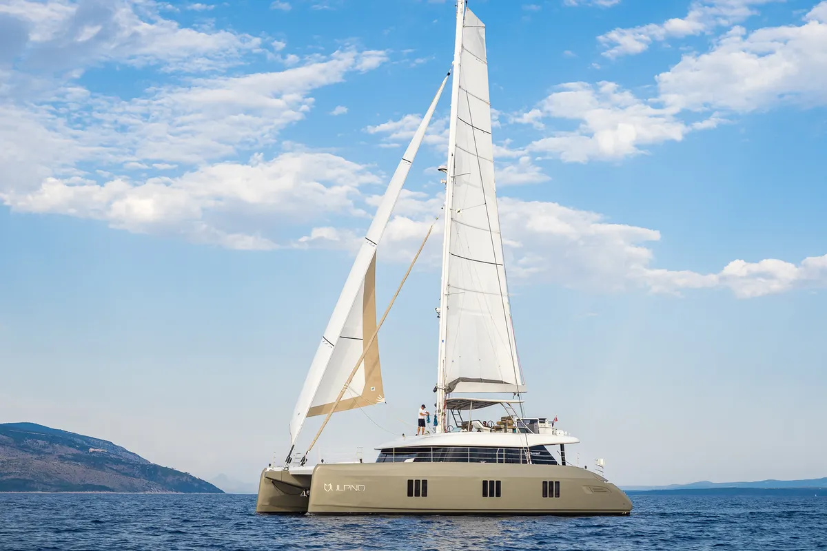 Deck of Vulpino, a Sunreef 60 catamaran at Kaštela, Croatia