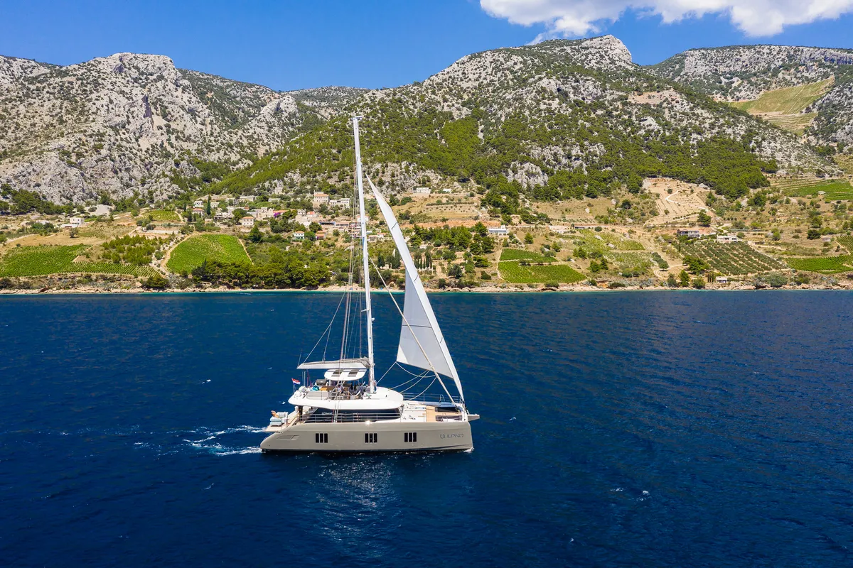 Deck of Vulpino, a Sunreef 60 catamaran at Kaštela, Croatia