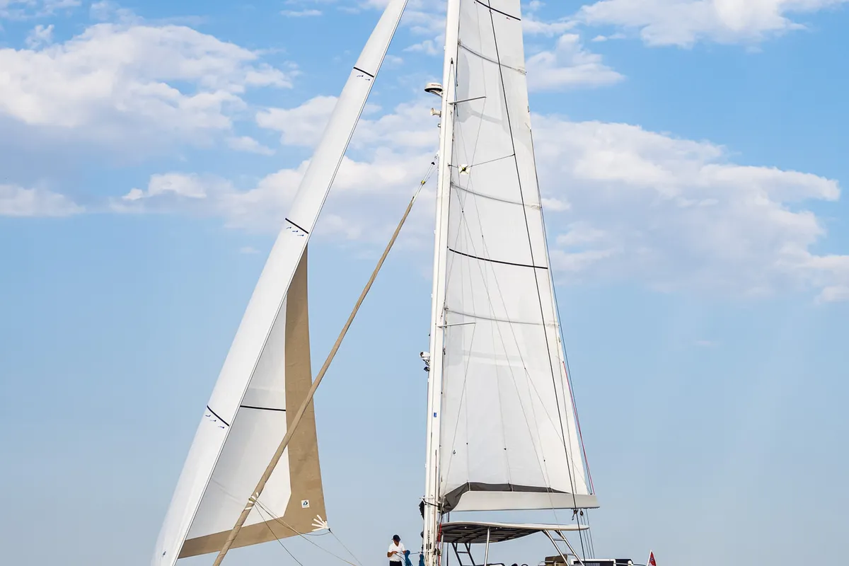 Exterior view of Vulpino, a Sunreef 60 catamaran at Kaštela, Croatia