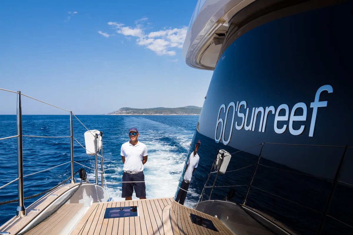 Deck of Vulpino, a Sunreef 60 catamaran at Kaštela, Croatia