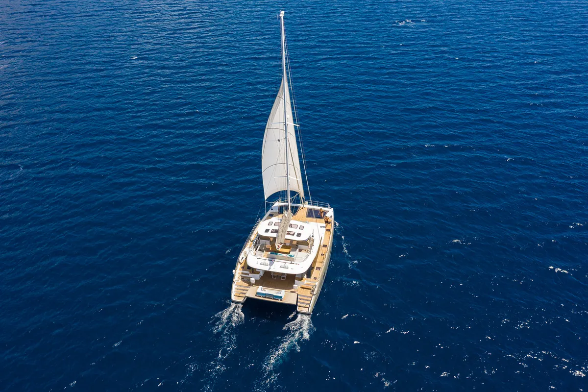 Exterior view of Vulpino, a Sunreef 60 catamaran at Kaštela, Croatia