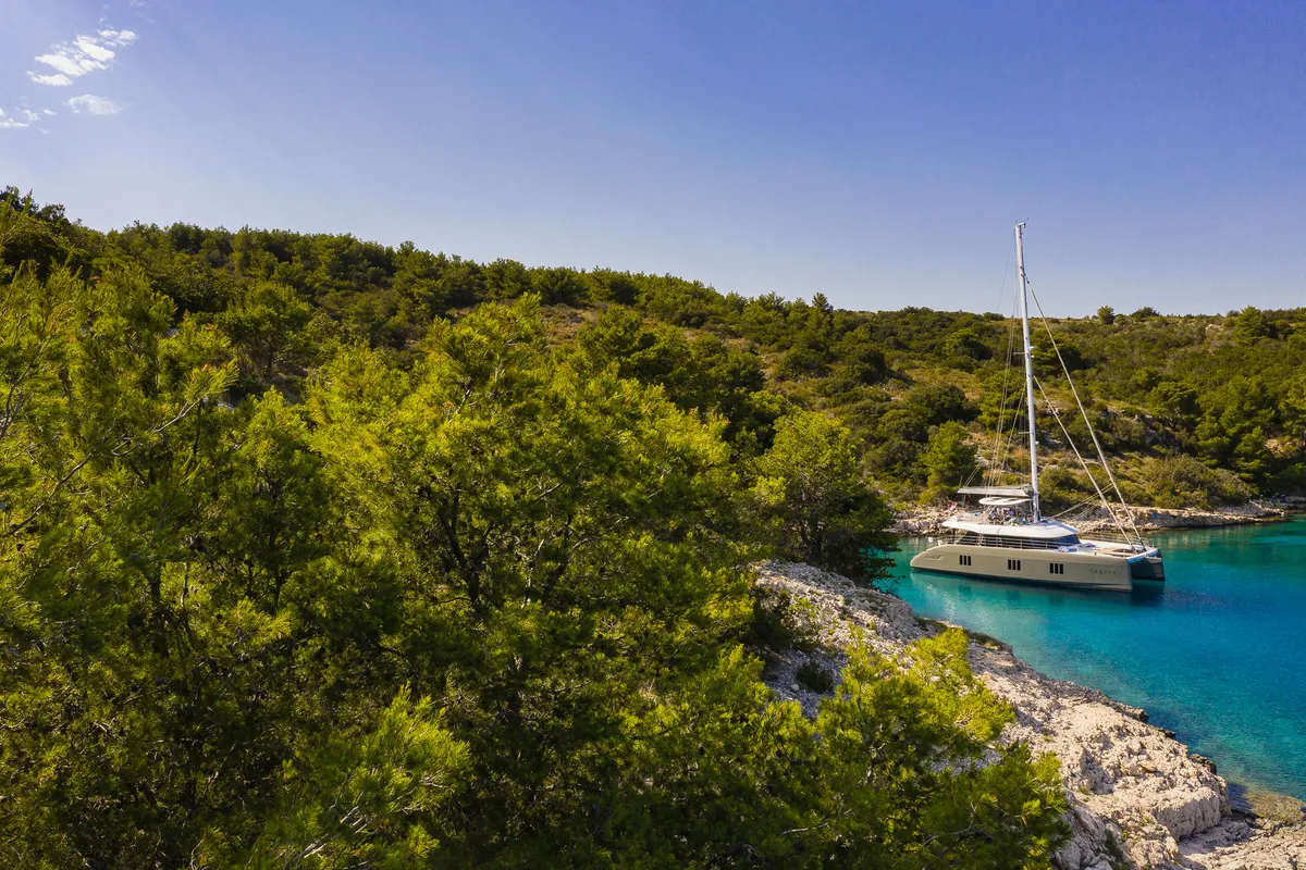 Exterior view of Vulpino, a Sunreef 60 catamaran at Kaštela, Croatia