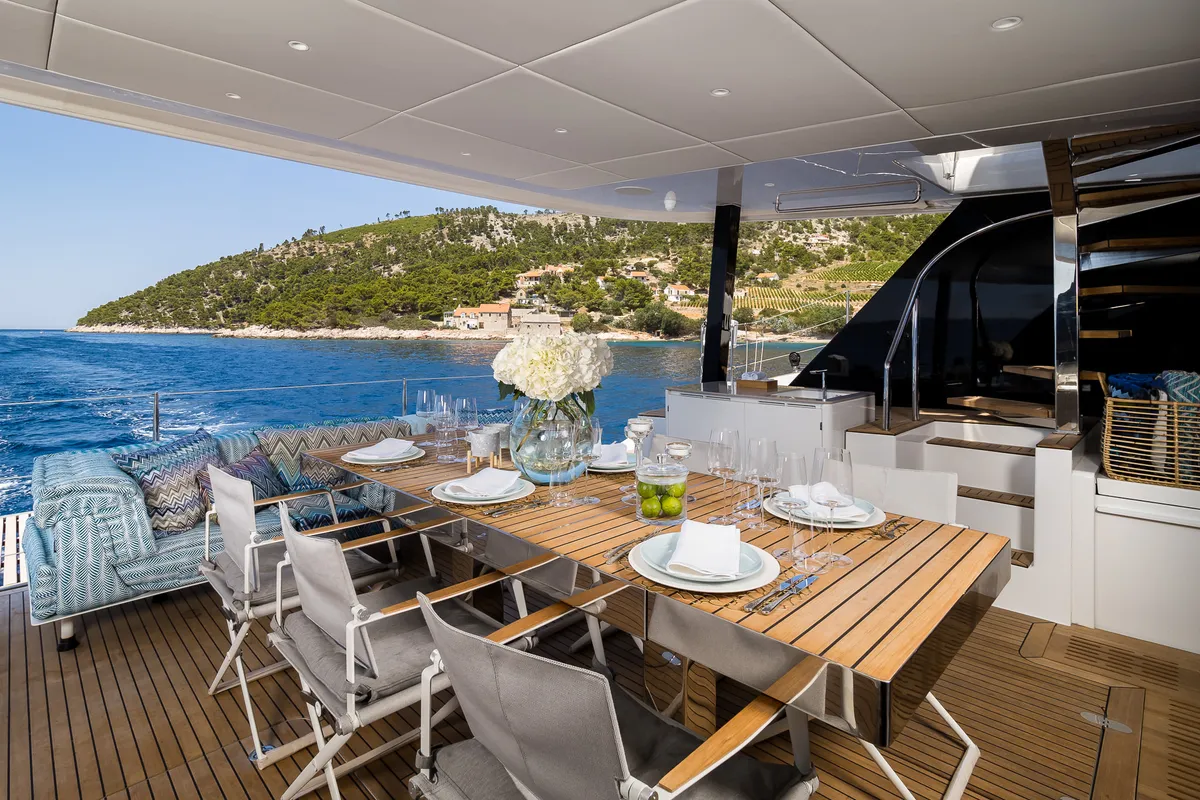 Deck of Vulpino, a Sunreef 60 catamaran at Kaštela, Croatia