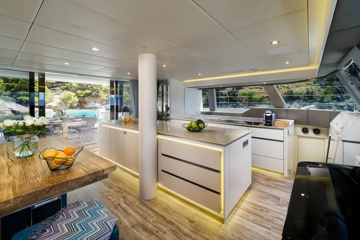 Galley of Vulpino, a Sunreef 60 catamaran at Kaštela, Croatia