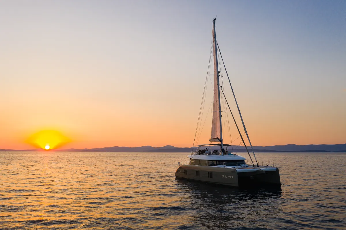 Exterior view of Vulpino, a Sunreef 60 catamaran at Kaštela, Croatia