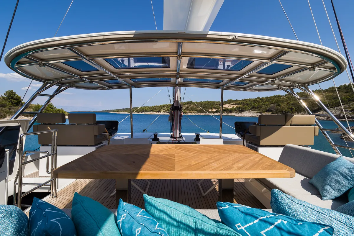 Cockpit of Vulpino, a Sunreef 60 catamaran at Kaštela, Croatia