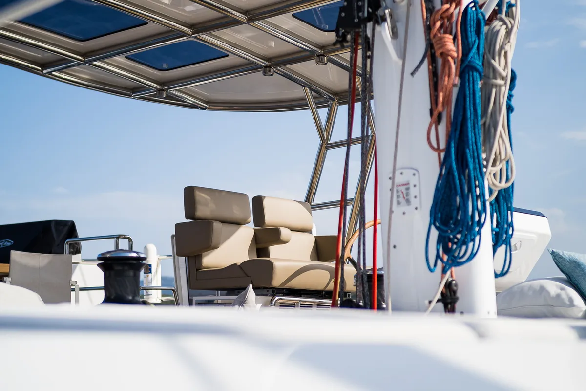 Cockpit of Vulpino, a Sunreef 60 catamaran at Kaštela, Croatia
