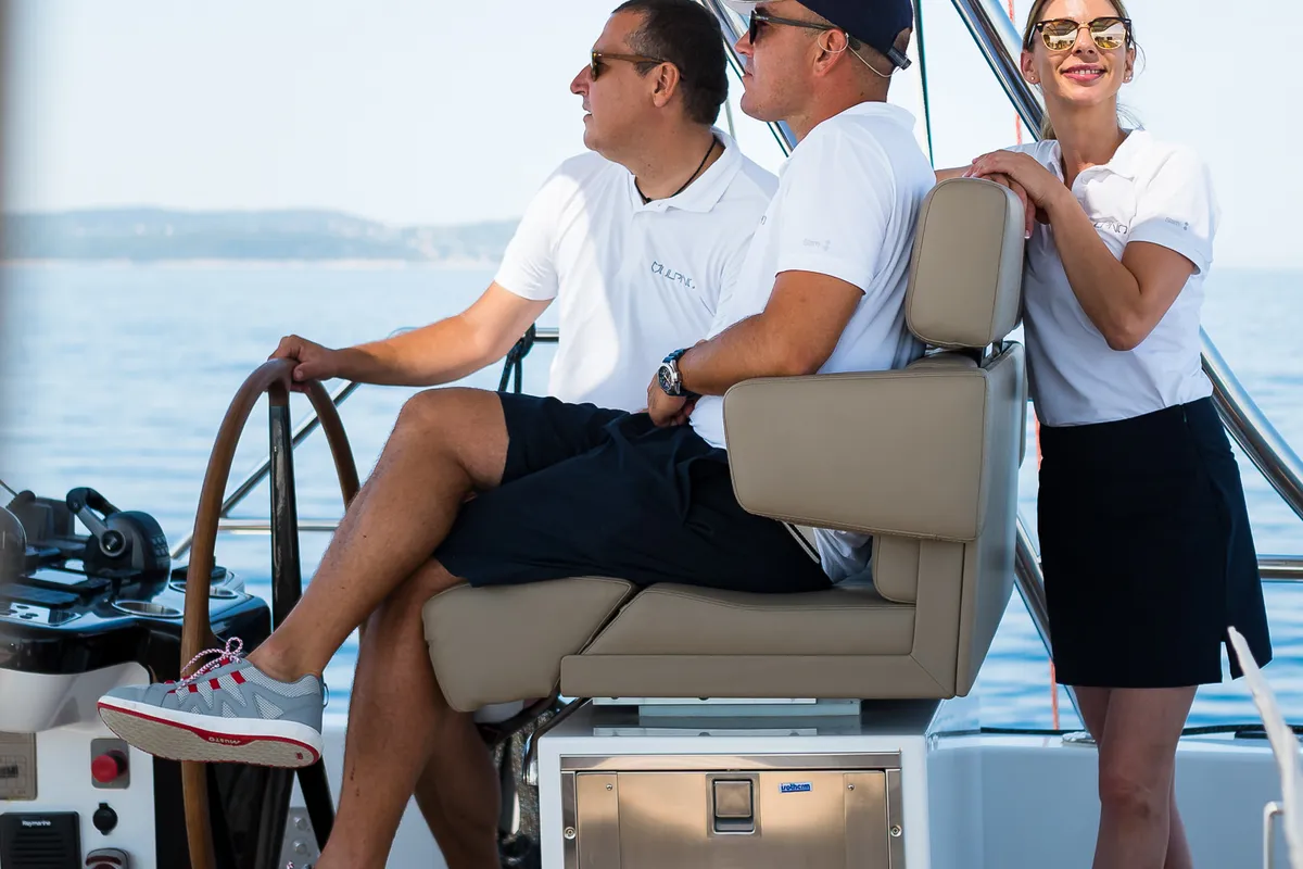 Cockpit of Vulpino, a Sunreef 60 catamaran at Kaštela, Croatia