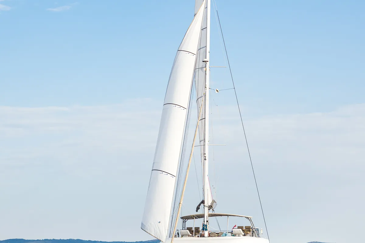 Exterior view of Vulpino, a Sunreef 60 catamaran at Kaštela, Croatia
