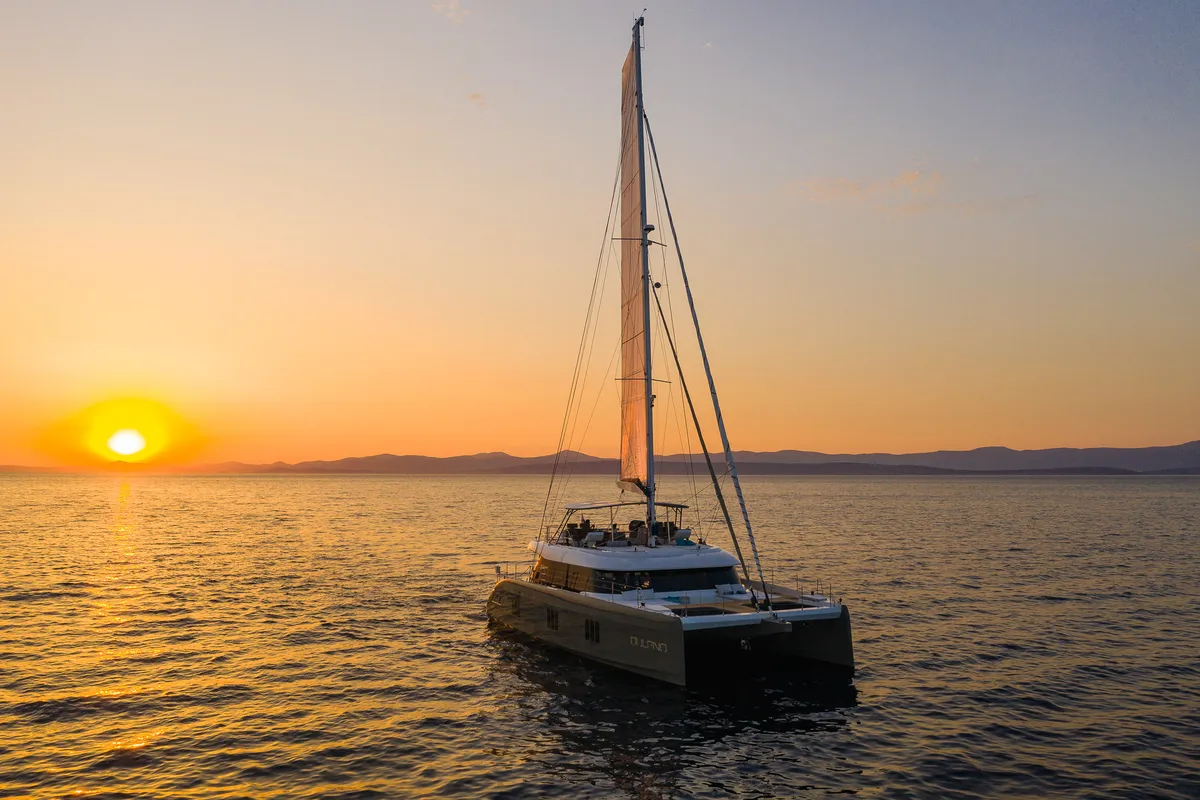Exterior view of Vulpino, a Sunreef 60 catamaran at Kaštela, Croatia