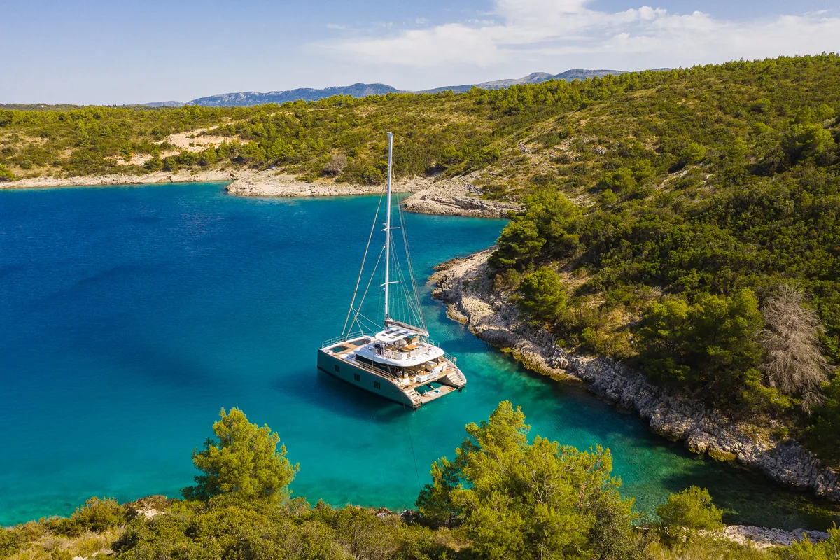 Exterior view of Vulpino, a Sunreef 60 catamaran at Kaštela, Croatia