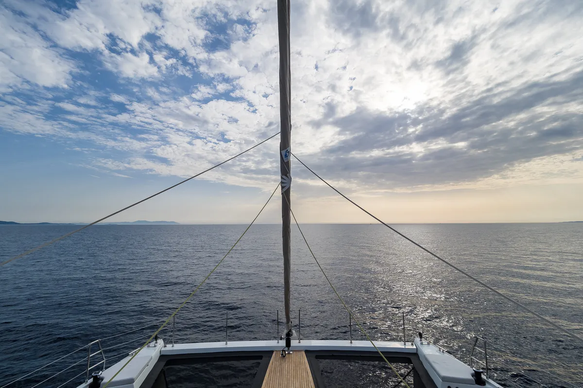 Deck of Vulpino, a Sunreef 60 catamaran at Kaštela, Croatia