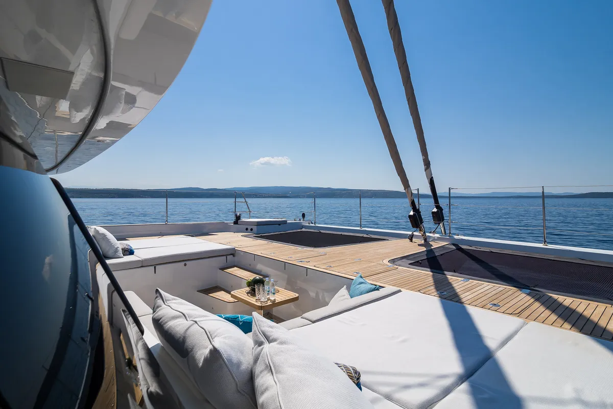 Deck of Vulpino, a Sunreef 60 catamaran at Kaštela, Croatia