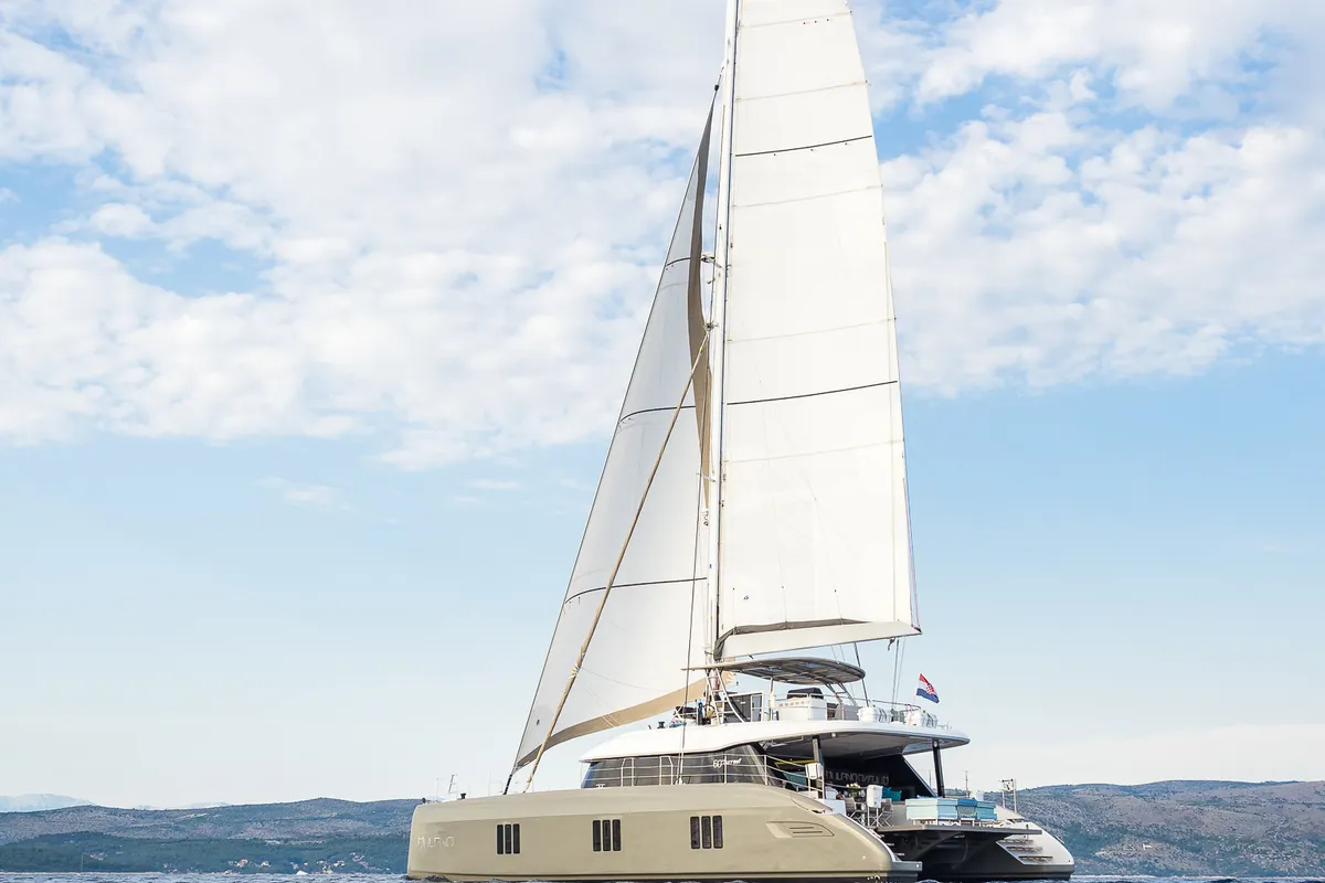 Exterior view of Vulpino, a Sunreef 60 catamaran at Kaštela, Croatia