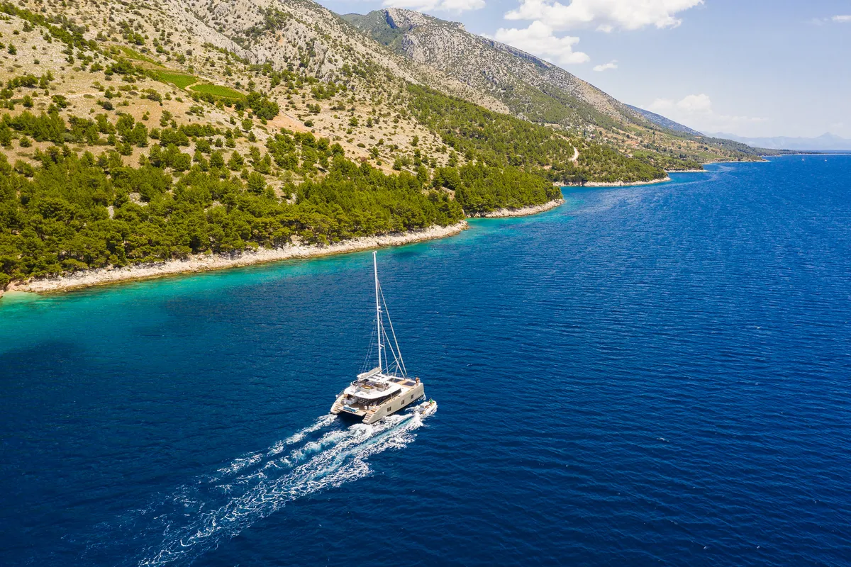 Exterior view of Vulpino, a Sunreef 60 catamaran at Kaštela, Croatia