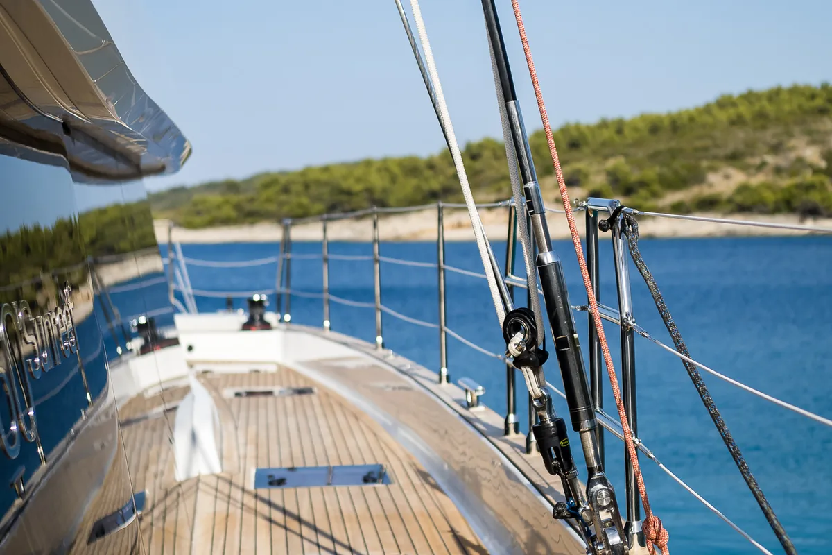 Deck of Vulpino, a Sunreef 60 catamaran at Kaštela, Croatia