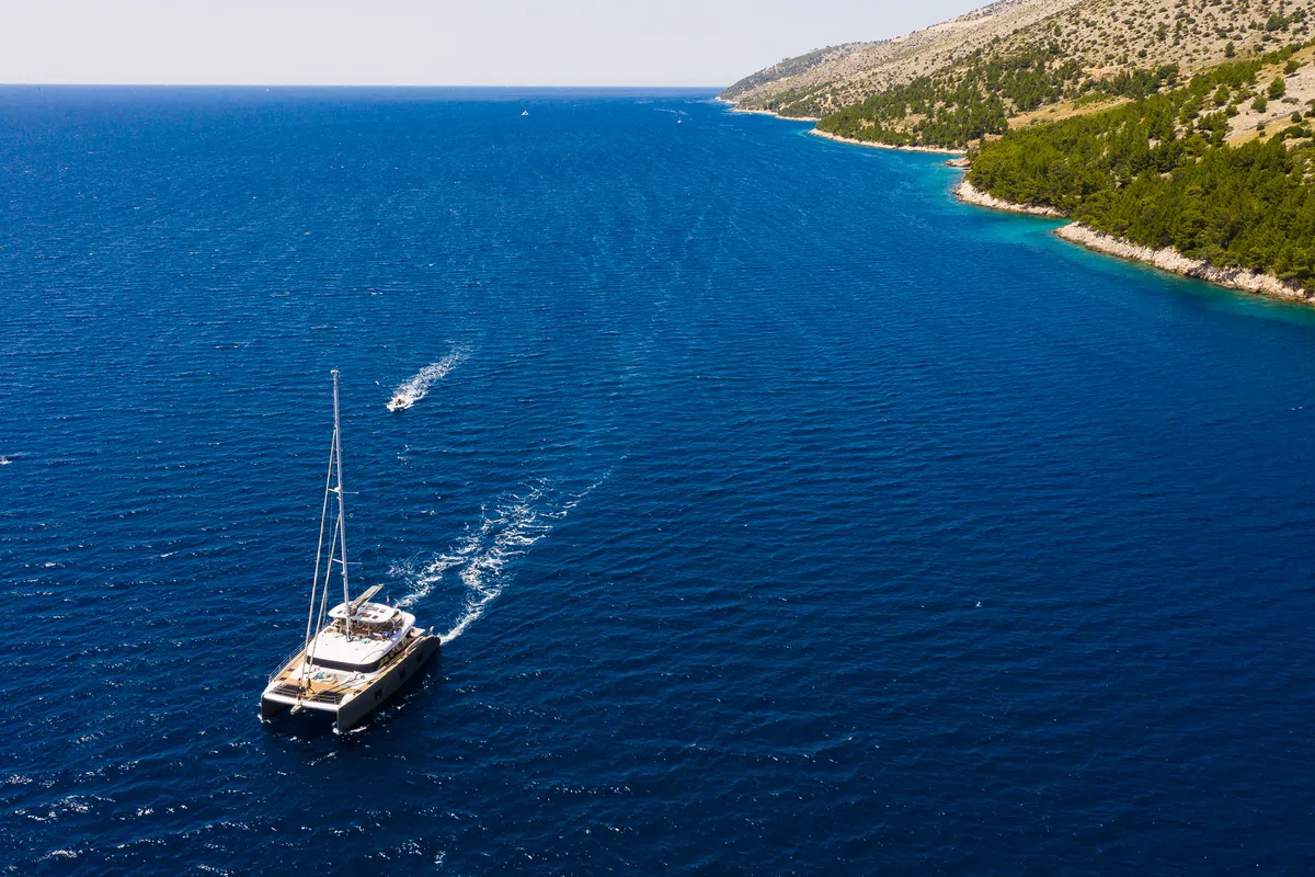 Exterior view of Vulpino, a Sunreef 60 catamaran at Kaštela, Croatia