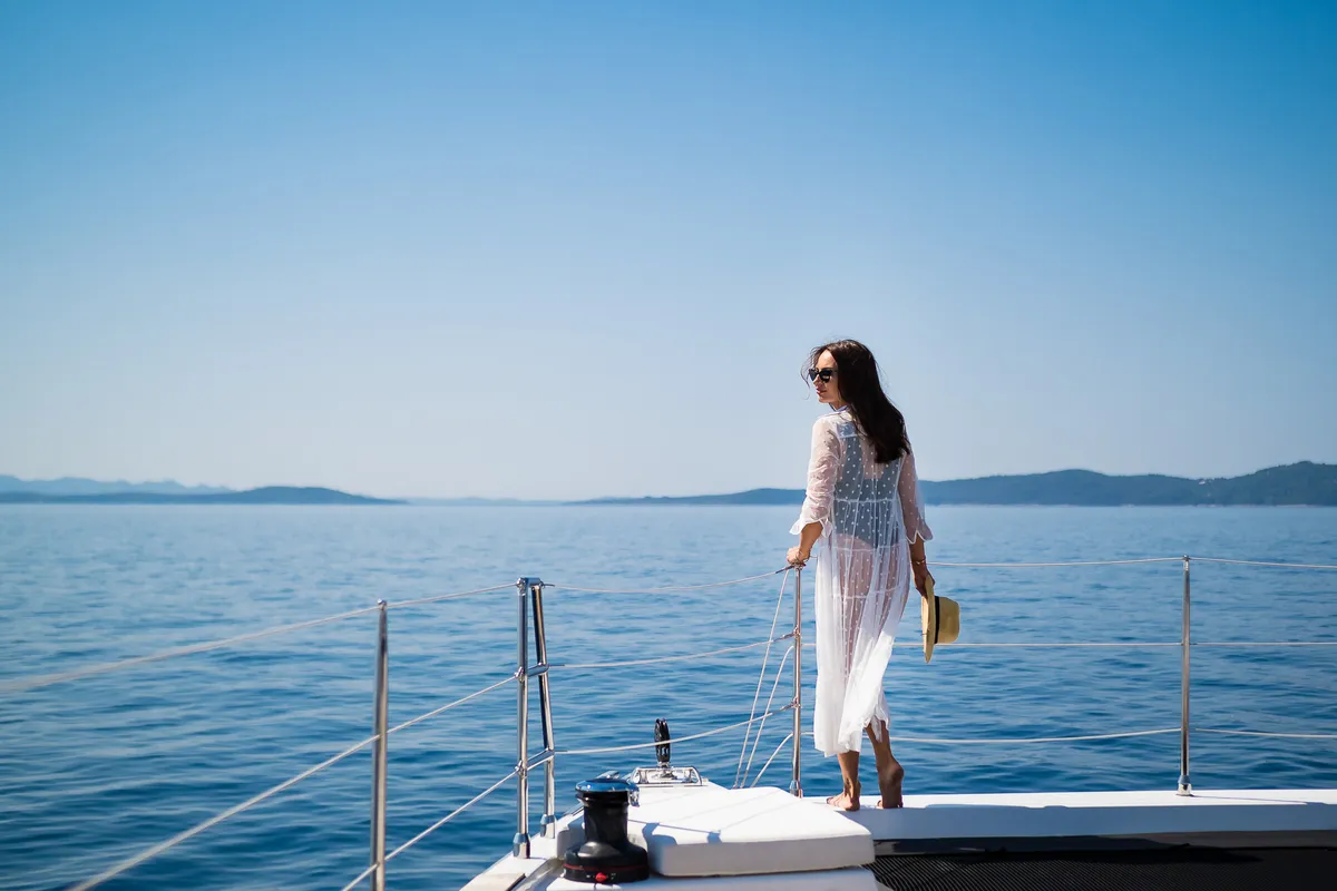 Deck of Vulpino, a Sunreef 60 catamaran at Kaštela, Croatia