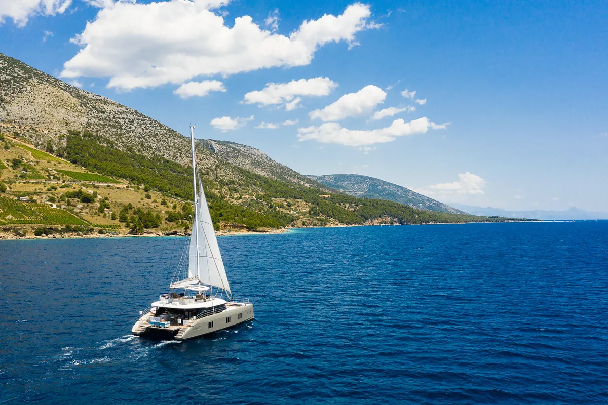 Deck of Vulpino, a Sunreef 60 catamaran at Kaštela, Croatia