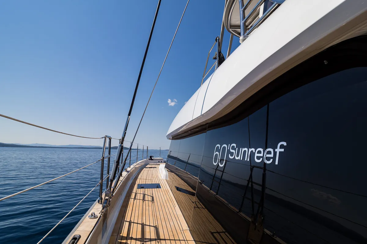Exterior view of Vulpino, a Sunreef 60 catamaran at Kaštela, Croatia
