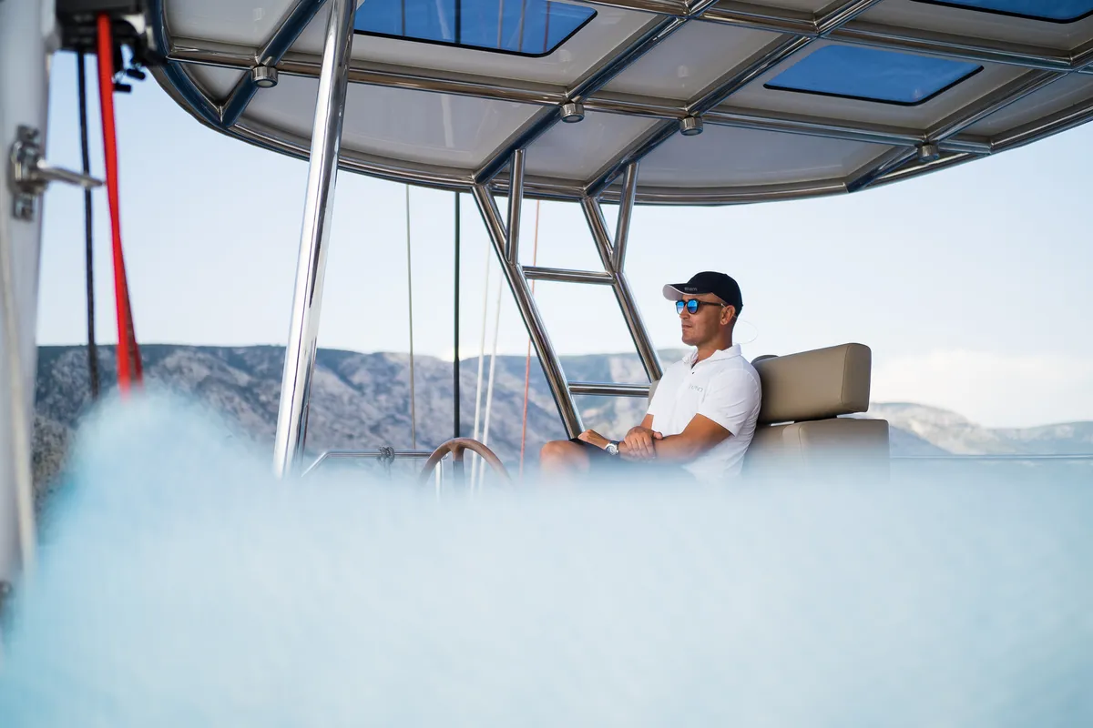 Cockpit of Vulpino, a Sunreef 60 catamaran at Kaštela, Croatia