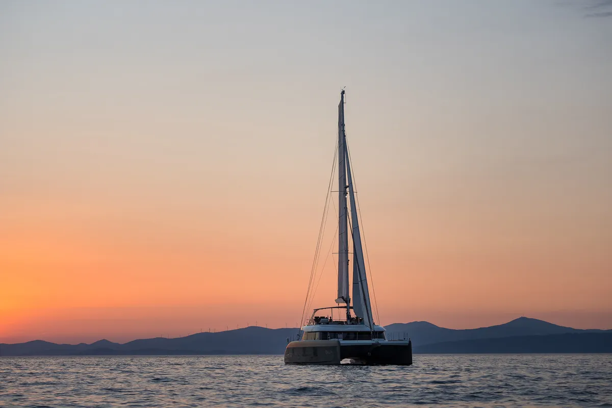 Exterior view of Vulpino, a Sunreef 60 catamaran at Kaštela, Croatia