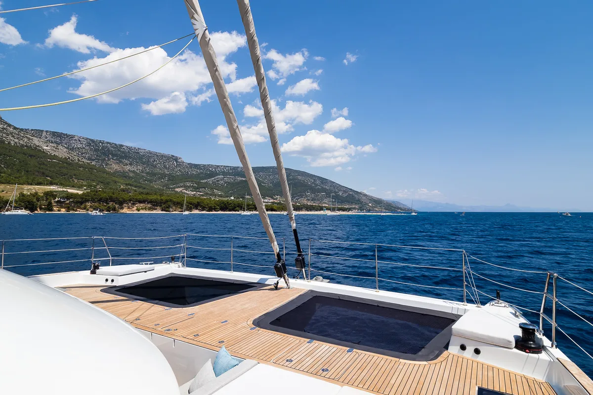 Deck of Vulpino, a Sunreef 60 catamaran at Kaštela, Croatia