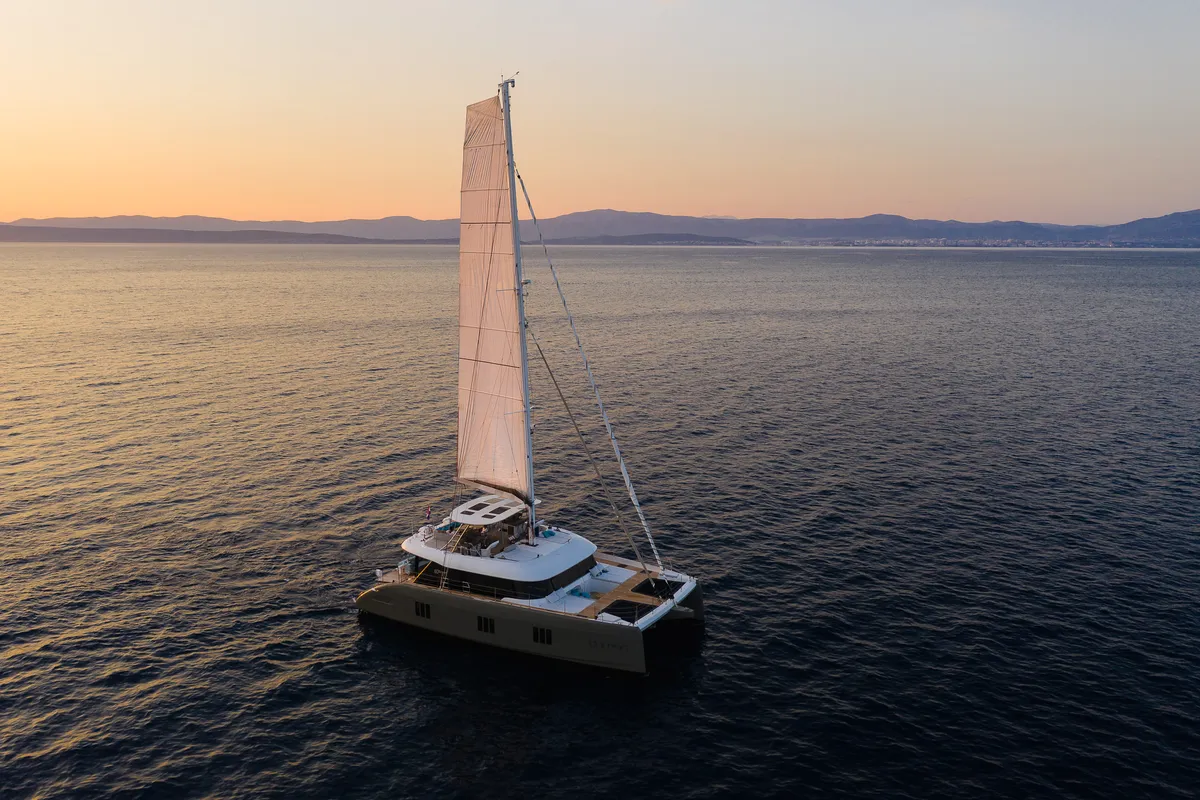 Exterior view of Vulpino, a Sunreef 60 catamaran at Kaštela, Croatia