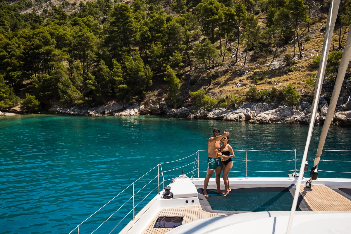 Deck of Vulpino, a Sunreef 60 catamaran at Kaštela, Croatia