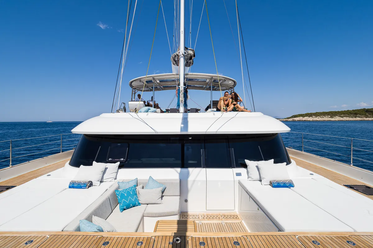 Deck of Vulpino, a Sunreef 60 catamaran at Kaštela, Croatia