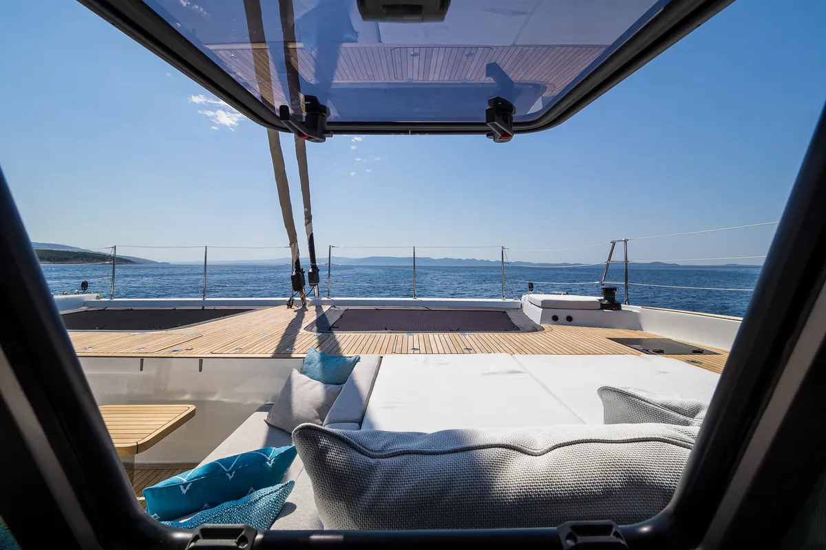 Deck of Vulpino, a Sunreef 60 catamaran at Kaštela, Croatia