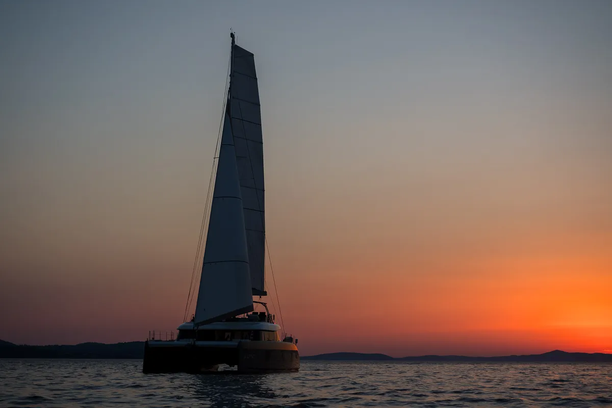 Exterior view of Vulpino, a Sunreef 60 catamaran at Kaštela, Croatia