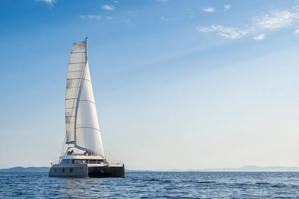 Exterior view of Vulpino, a Sunreef 60 catamaran at Kaštela, Croatia