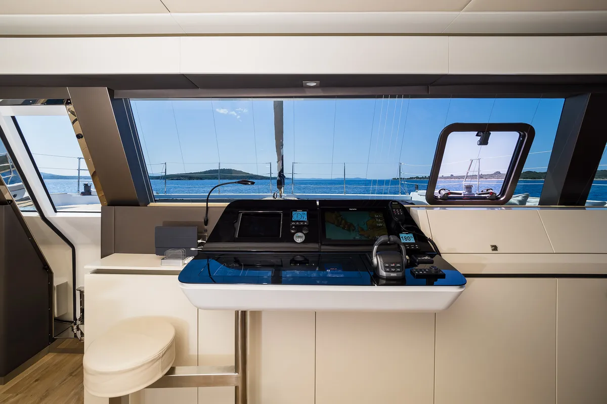 Cockpit of Vulpino, a Sunreef 60 catamaran at Kaštela, Croatia