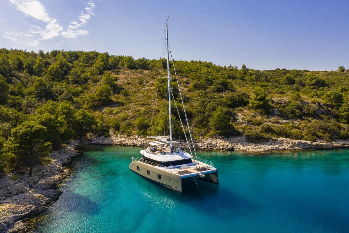 Exterior view of Vulpino, a Sunreef 60 catamaran at Kaštela, Croatia
