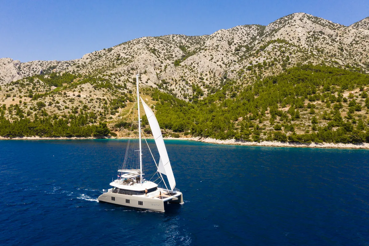 Exterior view of Vulpino, a Sunreef 60 catamaran at Kaštela, Croatia