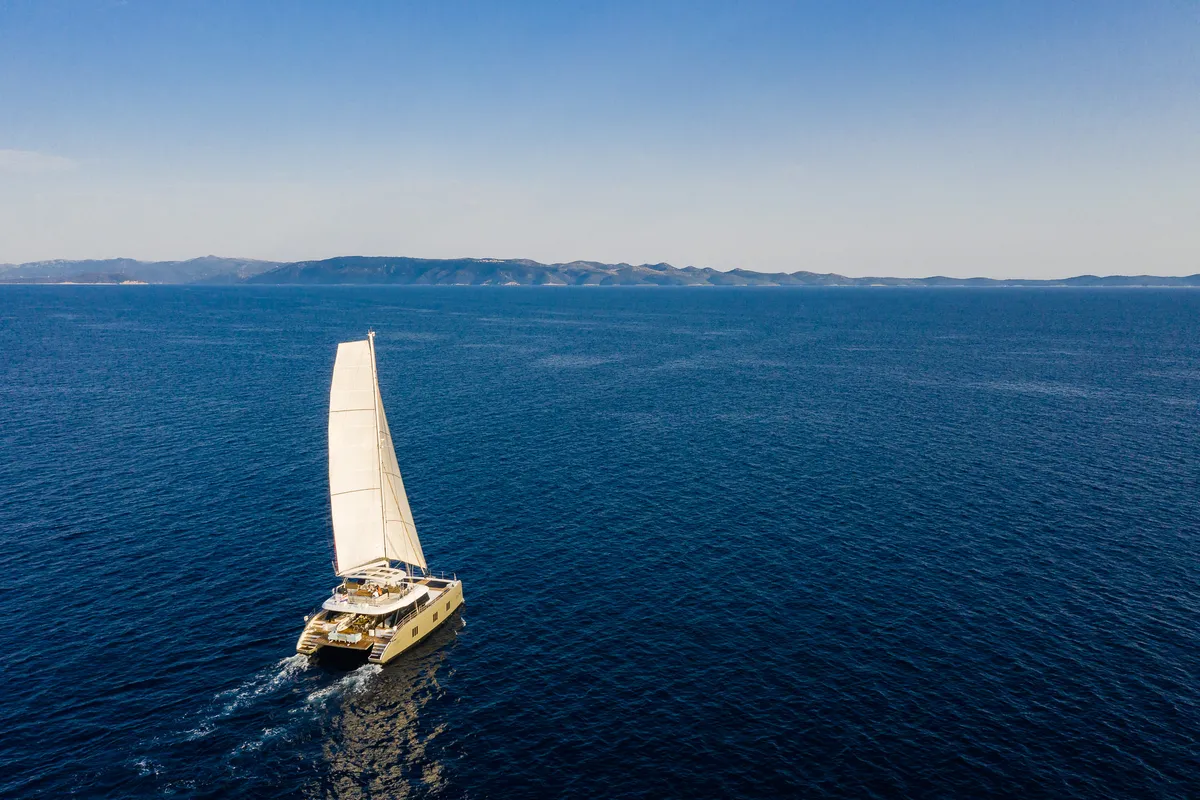 Exterior view of Vulpino, a Sunreef 60 catamaran at Kaštela, Croatia