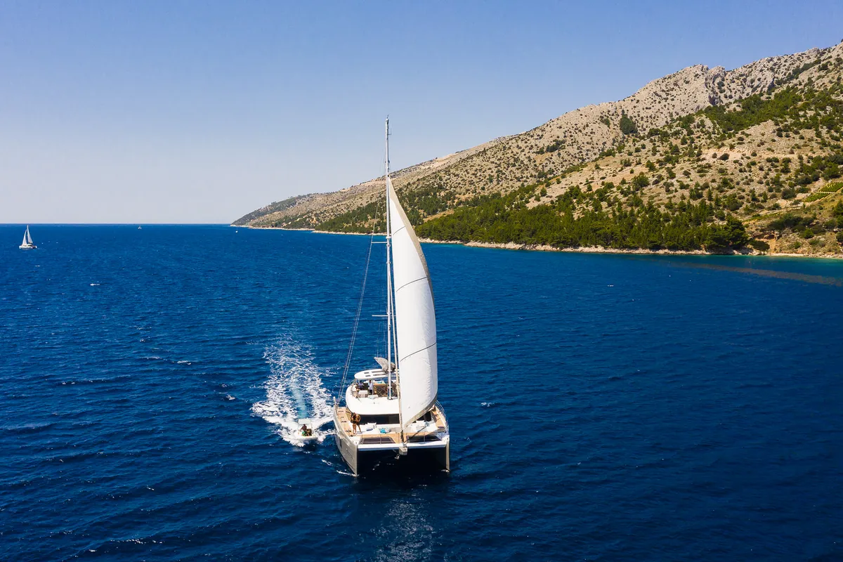 Exterior view of Vulpino, a Sunreef 60 catamaran at Kaštela, Croatia