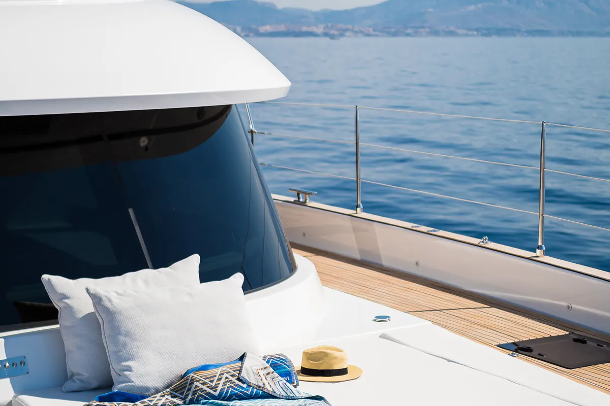 Deck of Vulpino, a Sunreef 60 catamaran at Kaštela, Croatia
