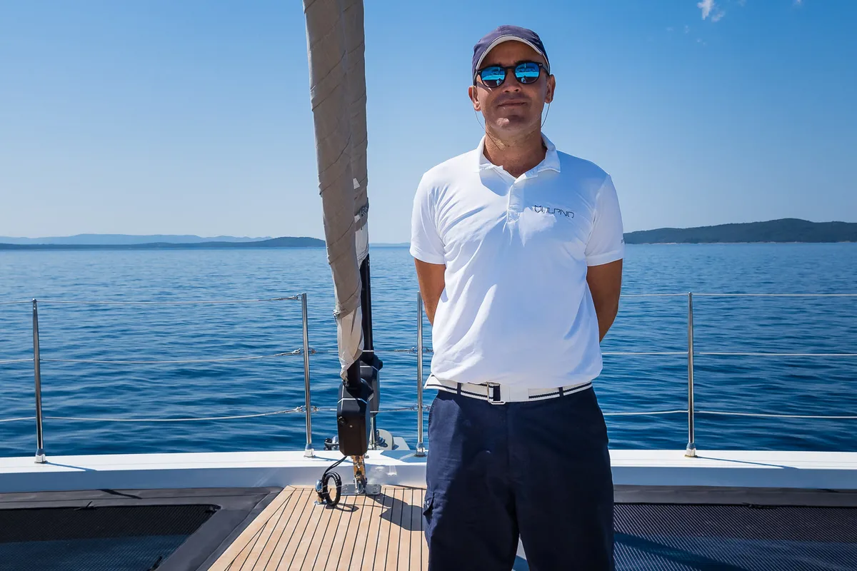 Deck of Vulpino, a Sunreef 60 catamaran at Kaštela, Croatia
