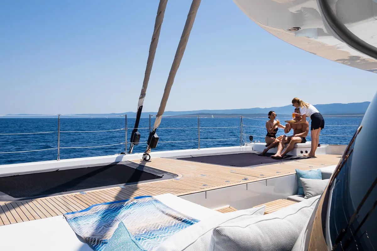 Deck of Vulpino, a Sunreef 60 catamaran at Kaštela, Croatia